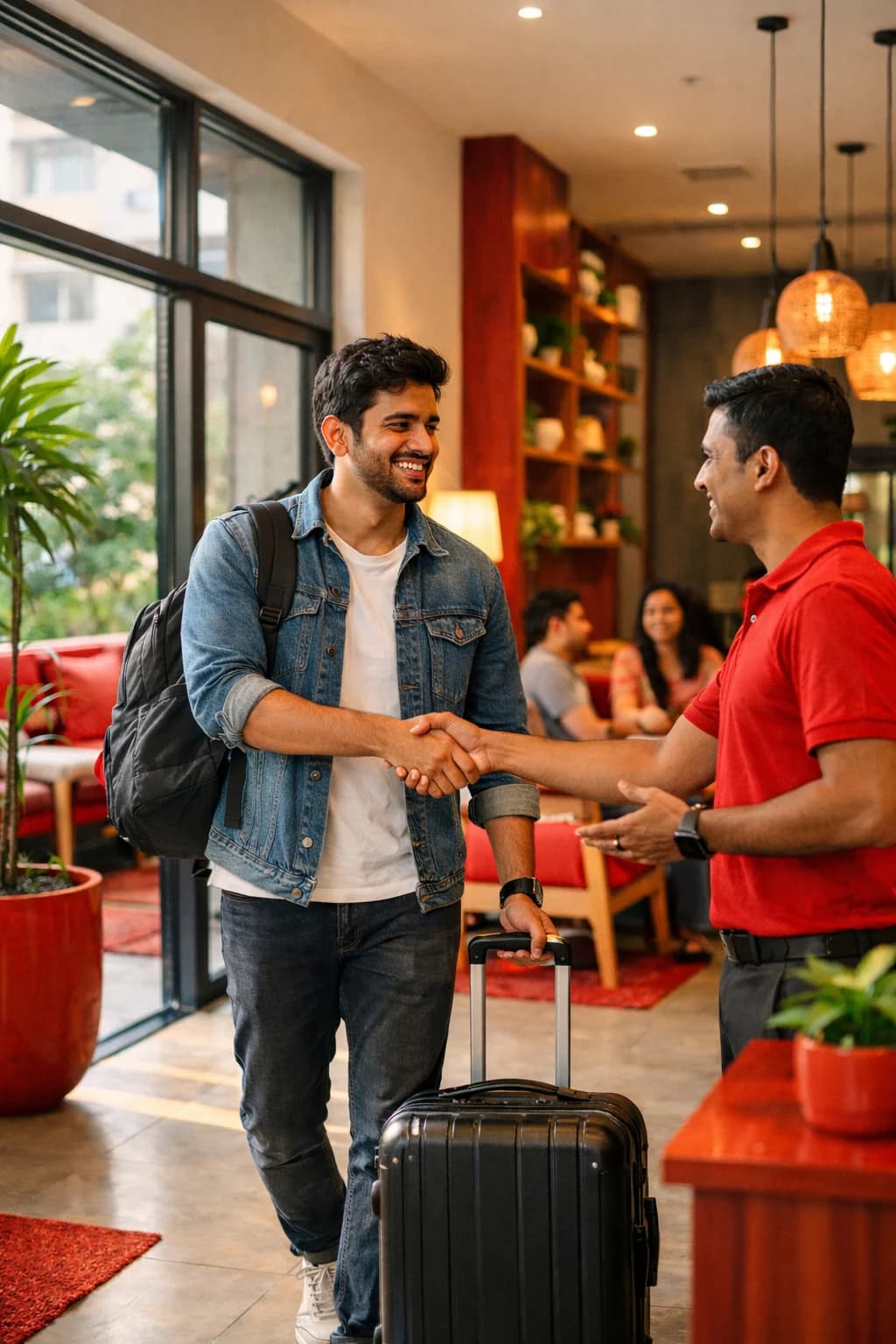 A resident being welcomed by a community manager in the lobby A resident being welcomed by a community manager in the lobby
