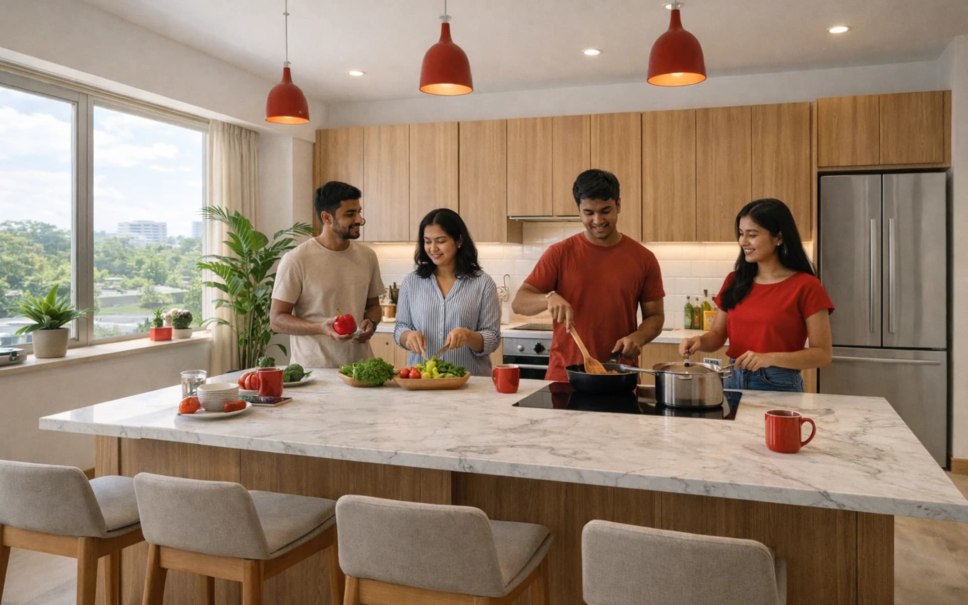 Experience the Future of Living with Nextdoor Livinn Friends cooking together in a bright, modern kitchen